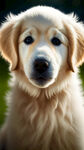 一只金毛犬占画面5分之一，一只白狗小一点，可爱，唯美，看镜头，画面开阔，景色壮美，构图层次丰富，二次元，炫彩风格，暖光，顺光，自然光，中景