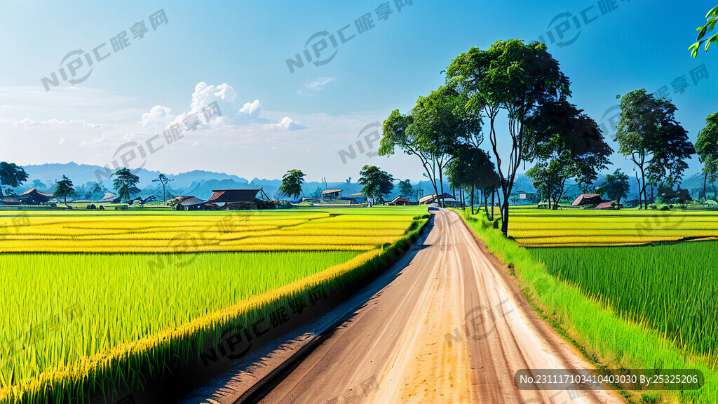 农村公路 公路两边都是稻田树木