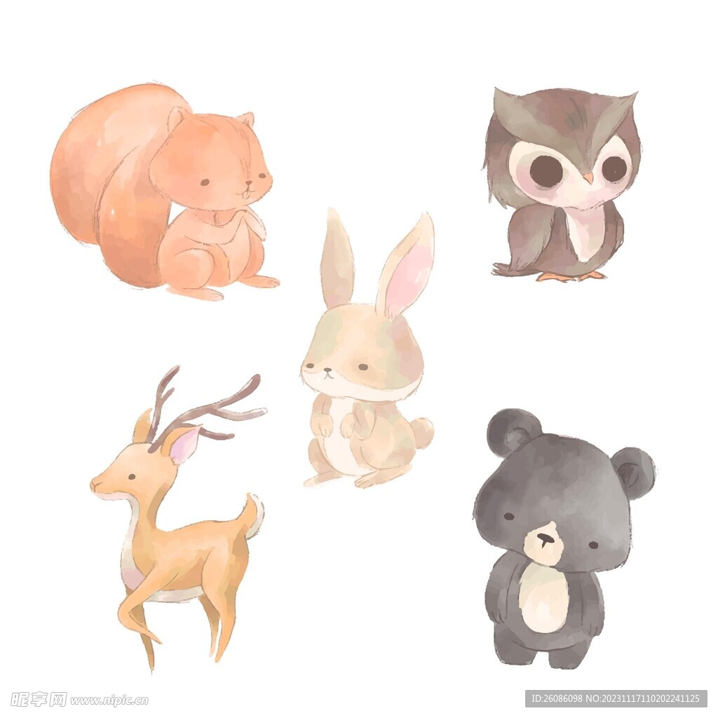 可爱卡通动物类儿童水彩插画素材