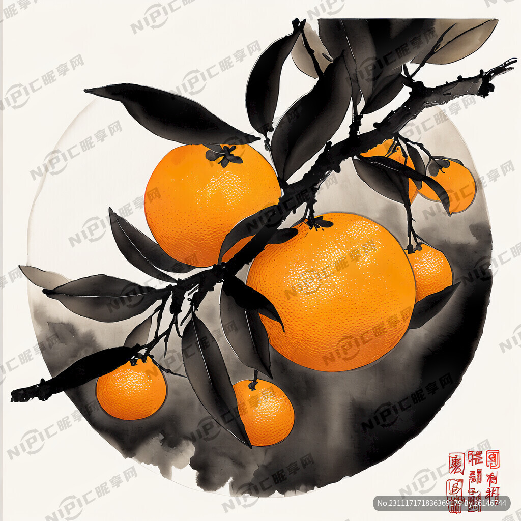 柑橘树枝和陈皮 国风 线描图
