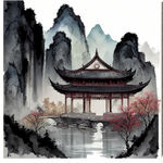 中国画 山水 徽派建筑