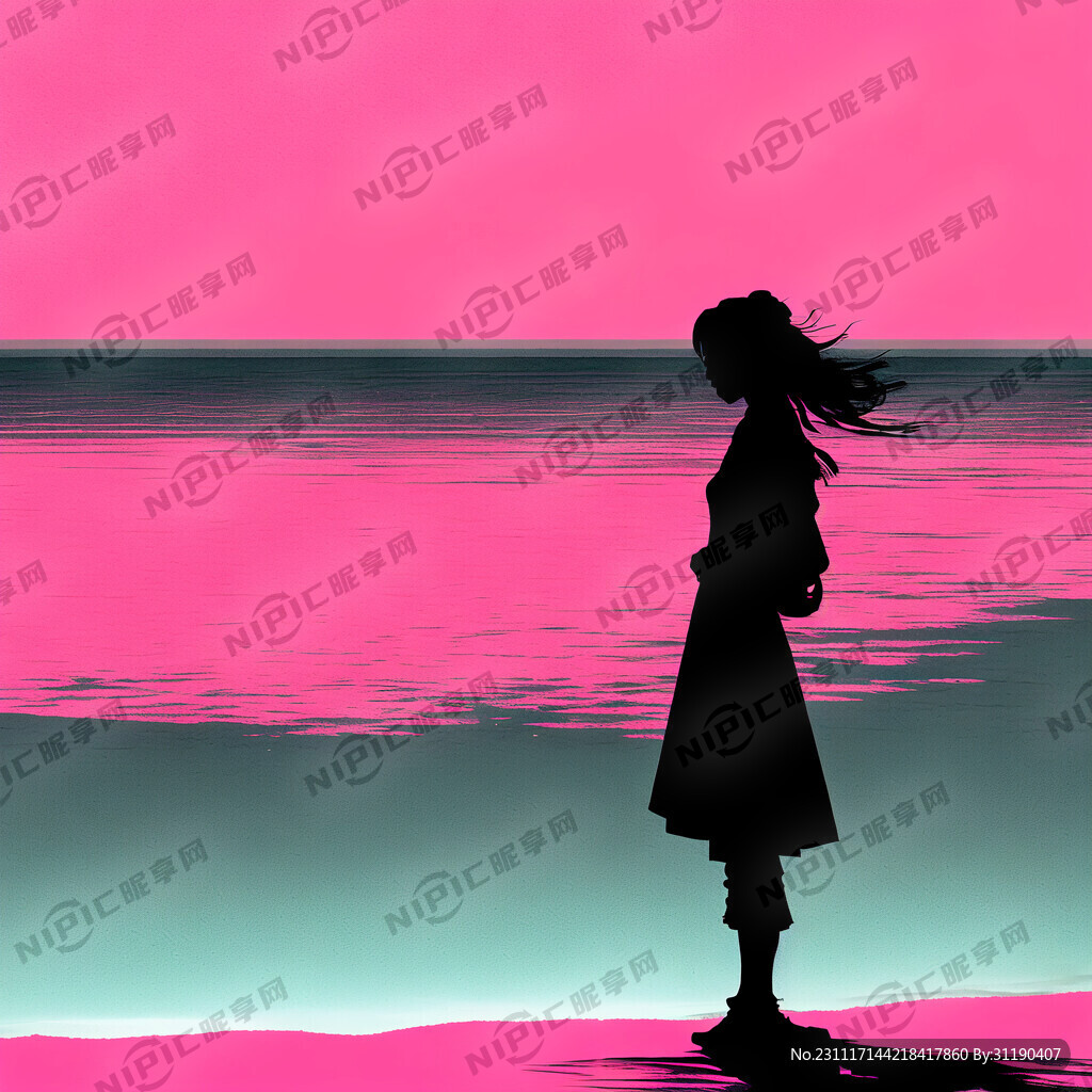 粉色海边女性剪影
