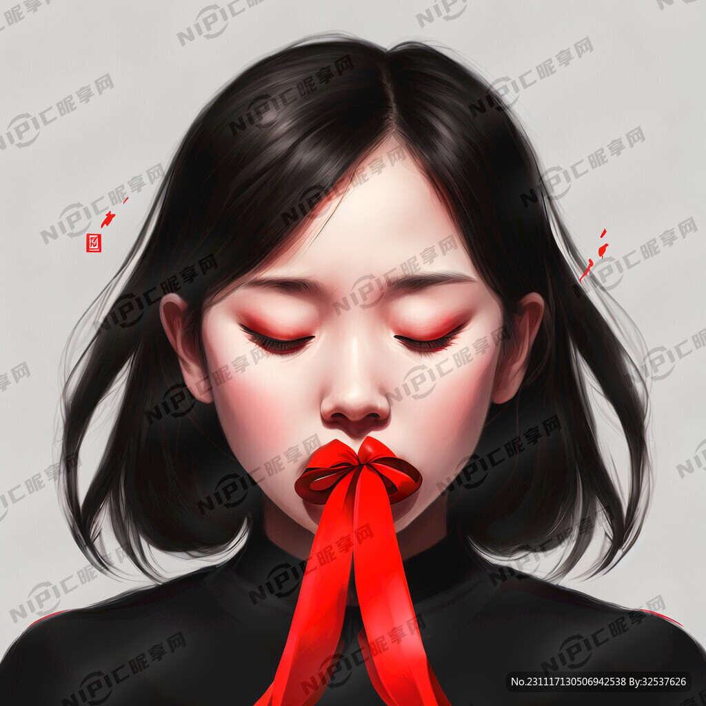 少女闭着眼睛咬红丝带背景纯黑