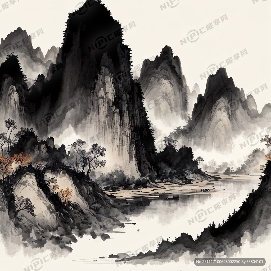 山谷 中国风 山水 水墨风格