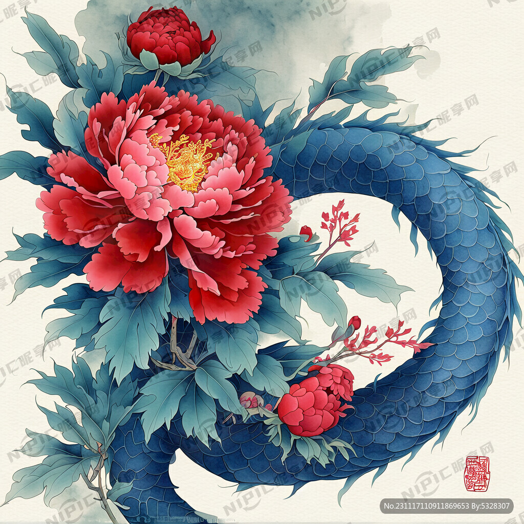 中国龙 水彩风格 牡丹花