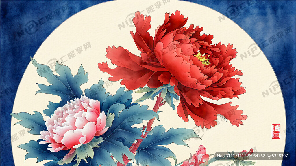 中国龙 牡丹花 红色和蓝色