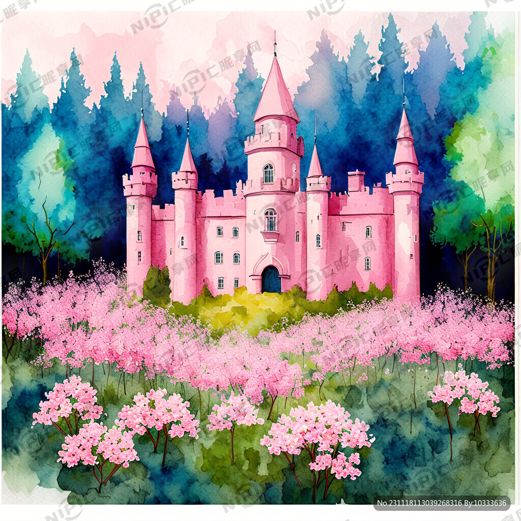 粉色城堡森林花水彩高清四方连续