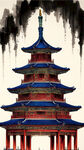 鸟巢，天坛，大楼组合，手绘国画风格