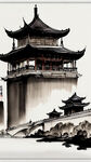 上海，地标建筑，中国风，中国画，水墨风格，写意，