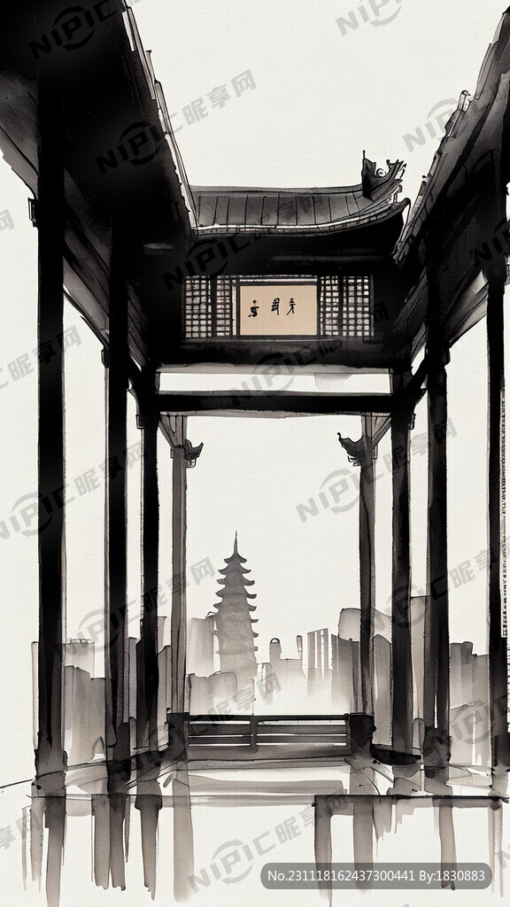 长沙市天心阁 手绘 国画风格