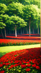 二次元，公园景色，红色花，草地，绿色植物，优美