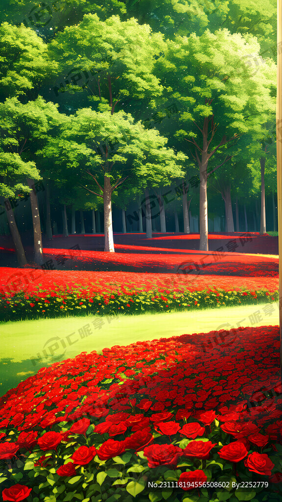 二次元 公园景色 红色花 草地