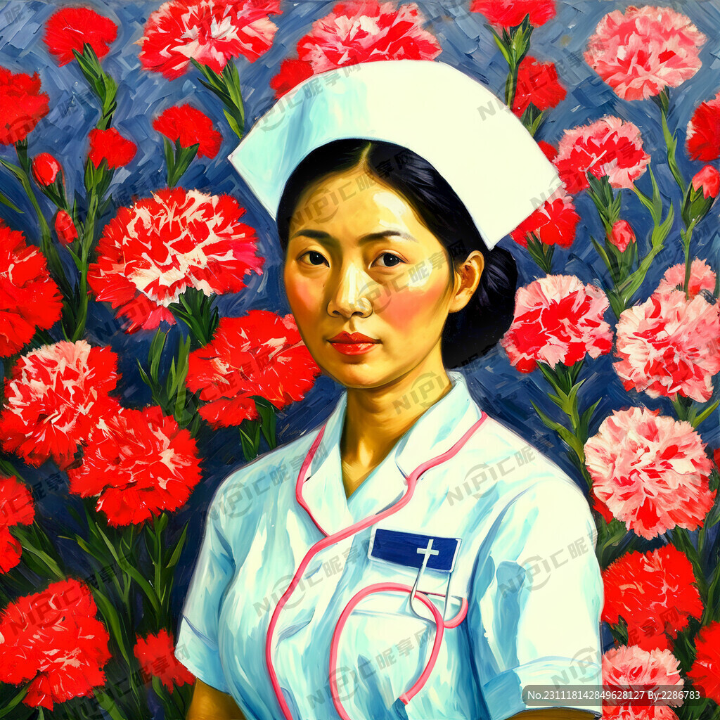 护士 背景是康乃馨 油画