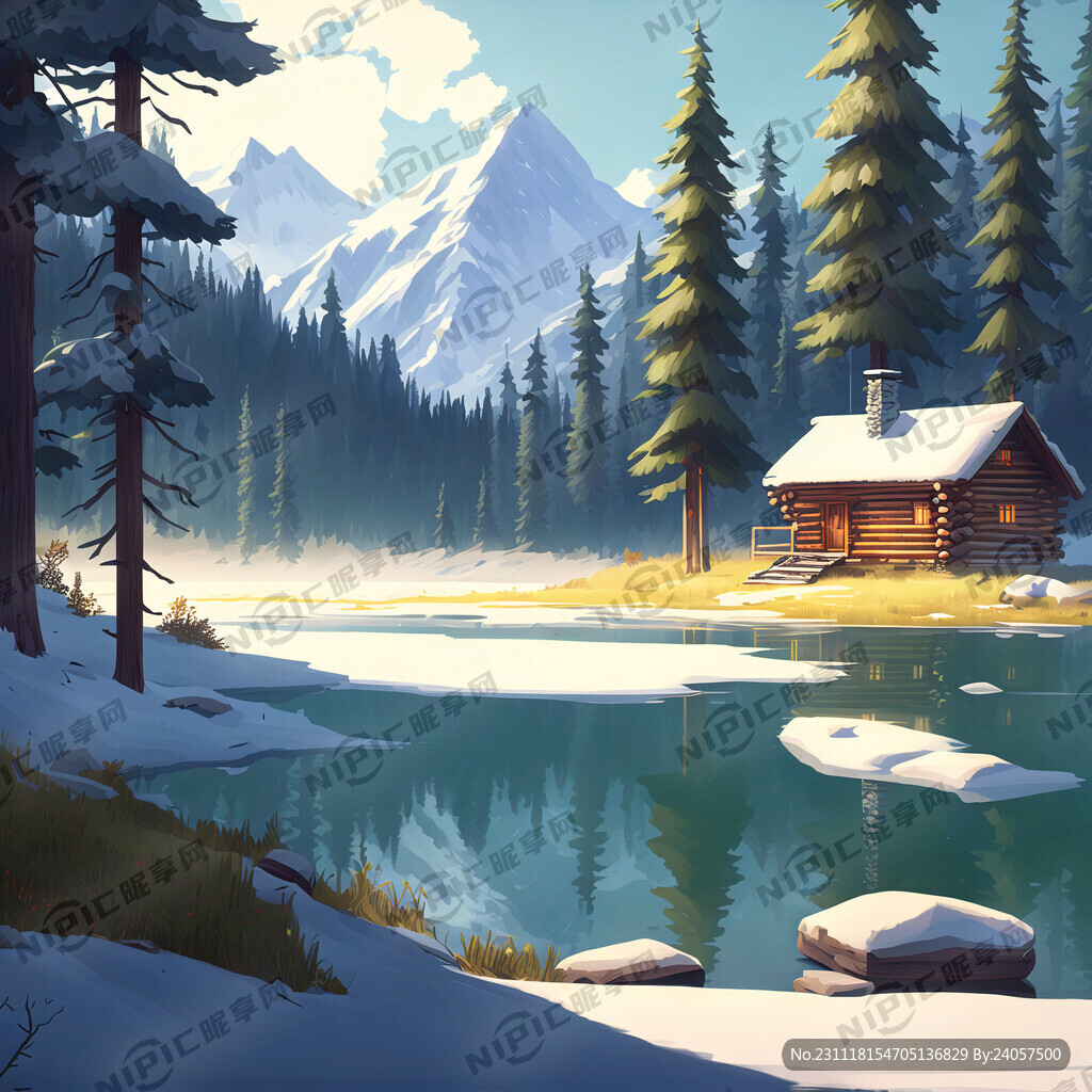 雪山 松林 木屋 小湖 阳光