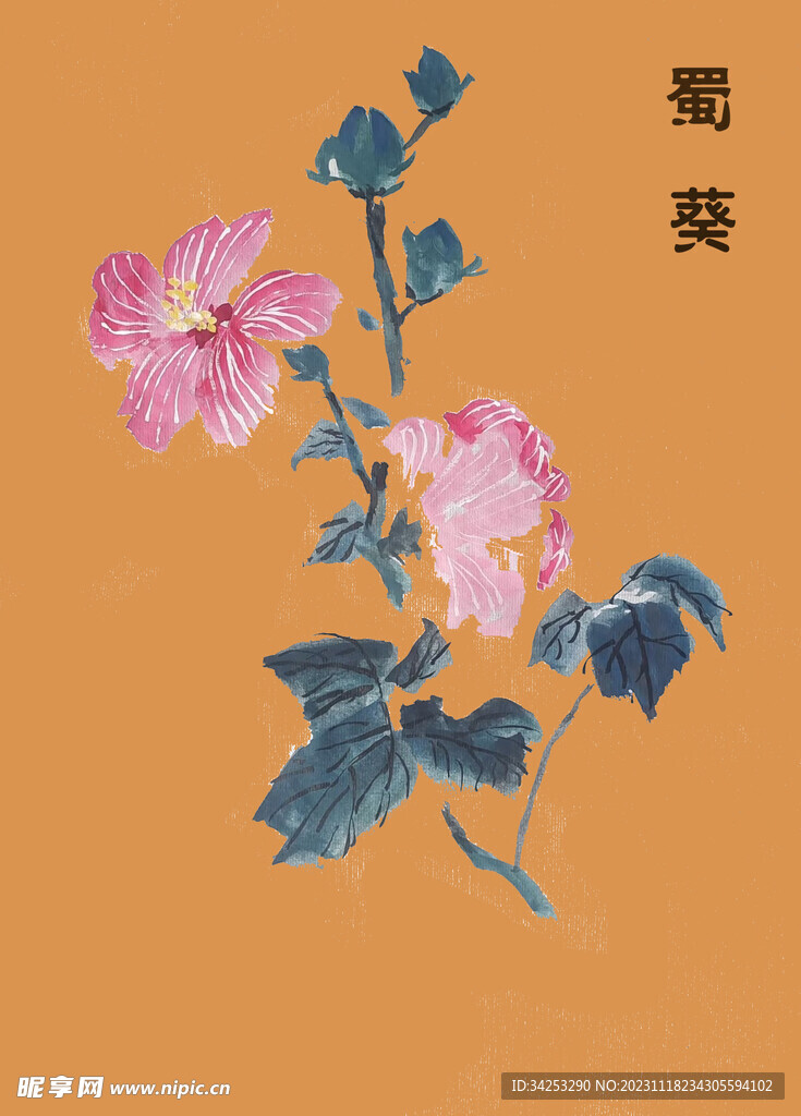两两蜀葵相背开