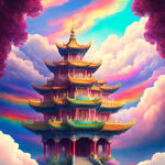 色彩鲜艳的神仙住的地方 美丽的宫殿层层叠叠在彩云间 小仙女隐约在其中
