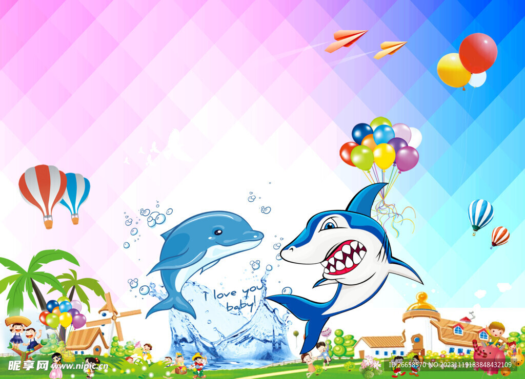 儿童节 小鲨鱼 热气球