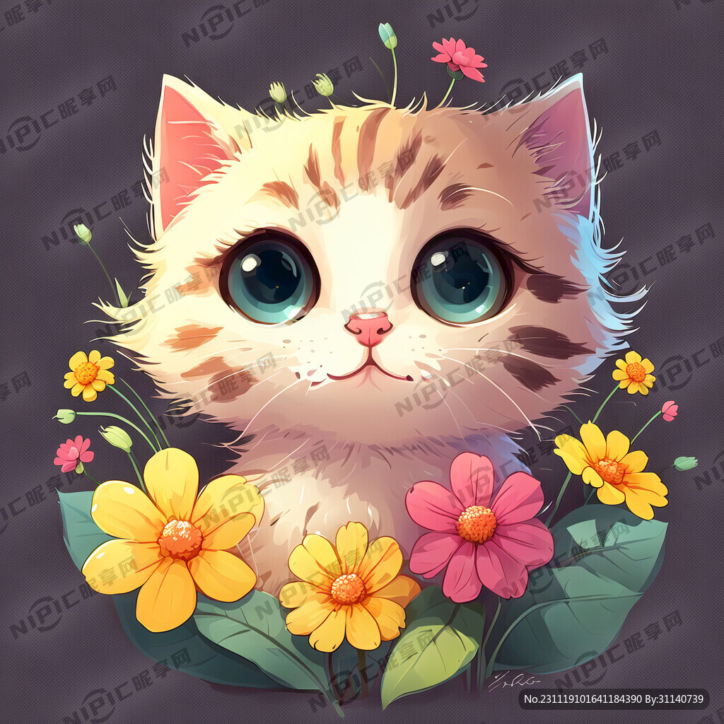 可爱卡通手绘猫咪花朵