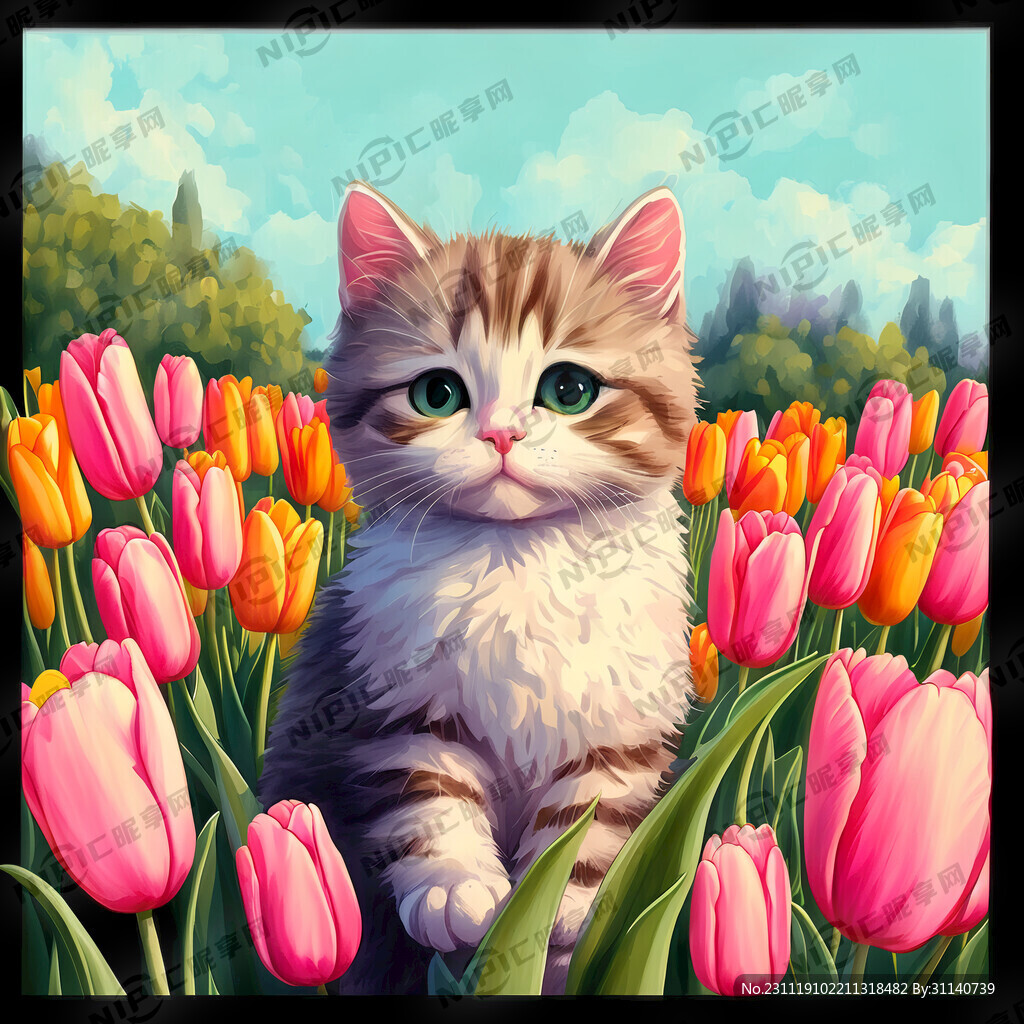 手绘可爱猫咪郁金香花丛