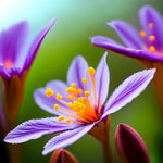 春天，万物生长，花朵盛开，紫色花瓣，橙色花蕊，绿叶植被