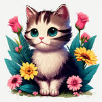 可爱卡通手绘猫咪花朵 白色背景