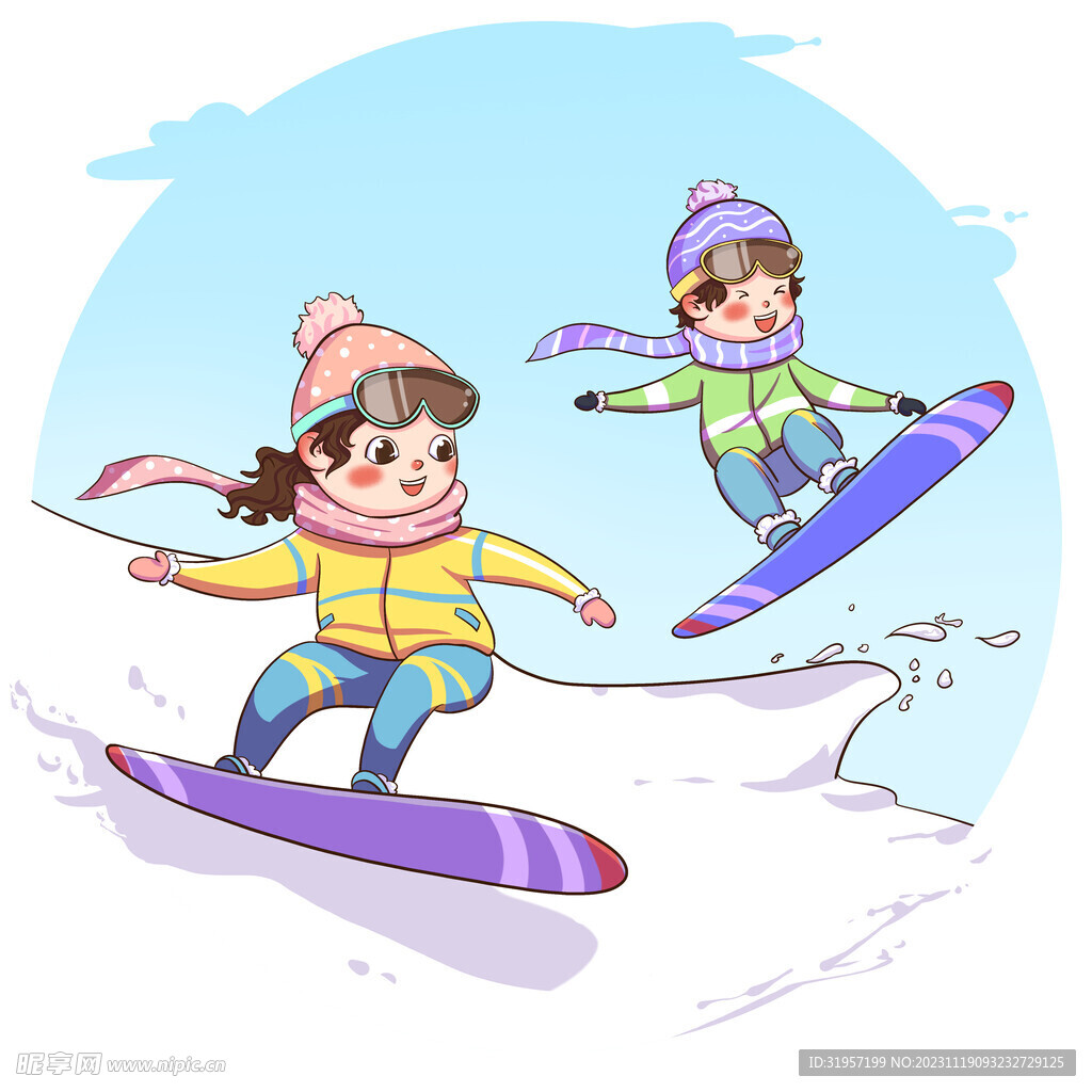 卡通男孩女孩滑雪素材