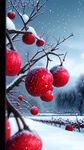 冬天景色，雪中红果，背景下雪的户外