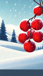 冬天景色，雪中红果，背景下雪的户外，红果占比画面三分之一