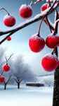 冬天景色，雪中红果，背景下雪的户外，红果占比画面四分之一