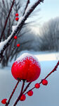 冬天景色，雪中小红果，背景下雪的户外，小红果占比画面四分之一