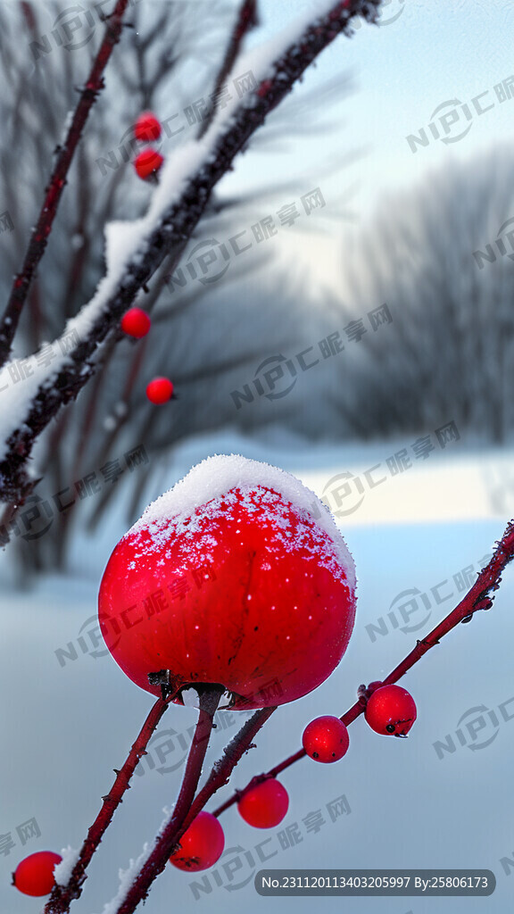 冬天景色 雪中小红果