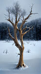 雪中枯树，意境，枯树占比四分之一