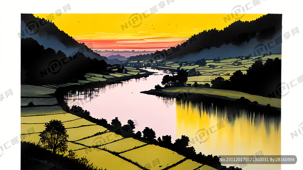 版画 超大广角 俯视视角 山水