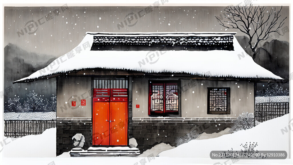 房子 窗户 门 正面 雪景
