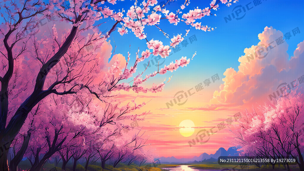 蓝天白云太阳 河流 桃林 桃花