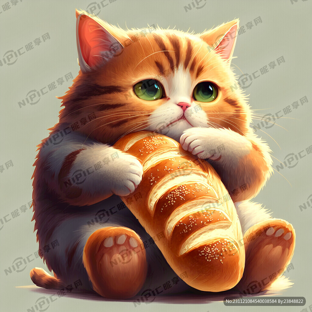 可爱的猫抱着一个面包 留着口水