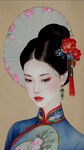 中国风       曲线身材   古装旗袍   精致五官    发簪发饰    拿着古扇子   面带微笑    大眼睛  大长腿