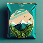 茶叶包装，色调为青色，需要突出高山和茶叶的场景，扁平化风格，
