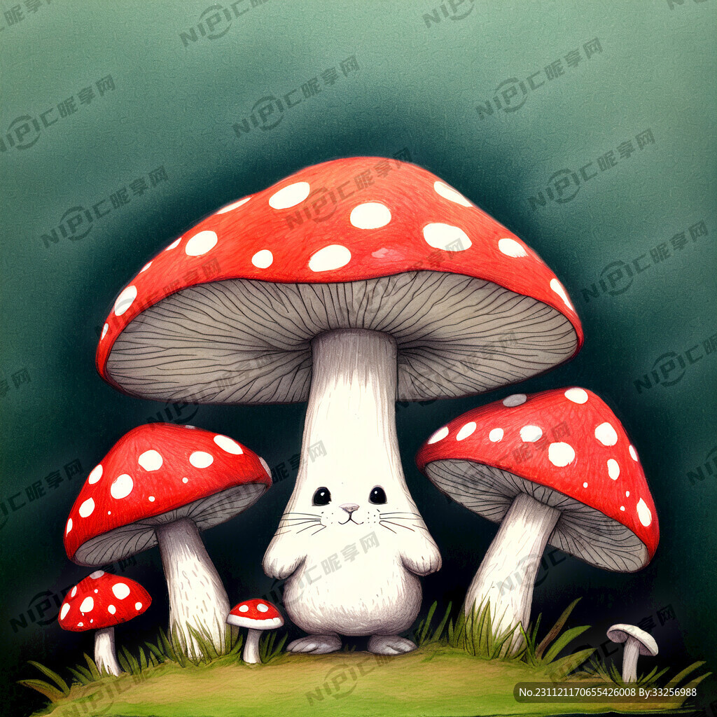手绘 兔子 蘑菇