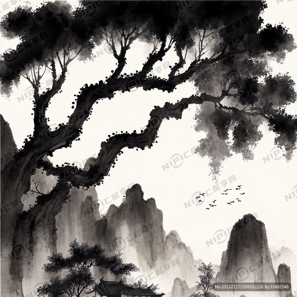 白描古建物 山景 树