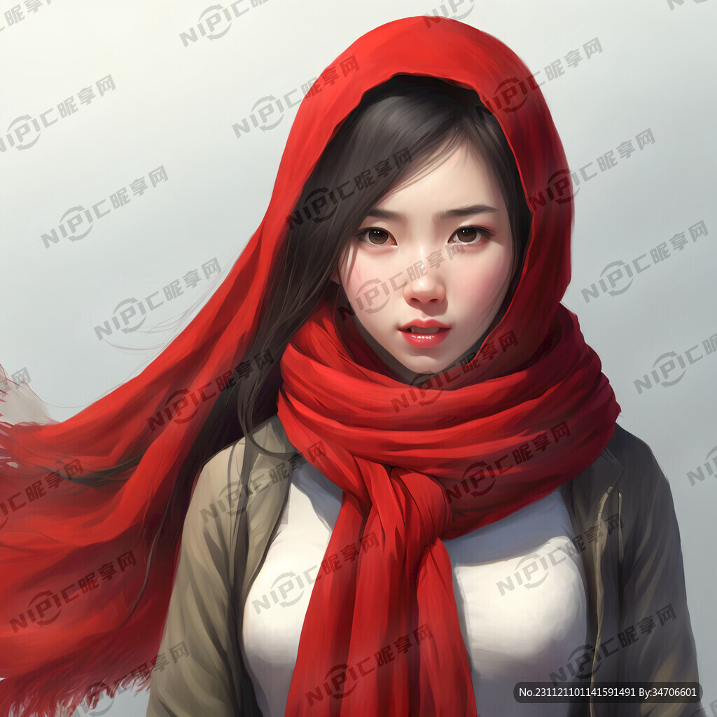 少女佩戴红围巾 红围巾要突出