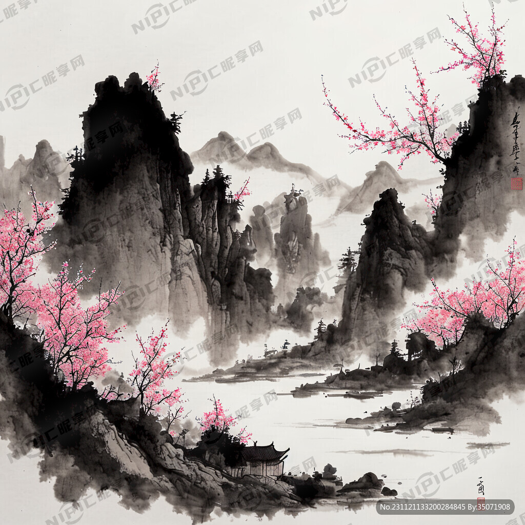 书墨意境桃花山水画