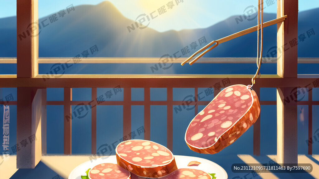 在天台上 晾晒一片腊肠