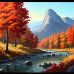 秋季枫树林山水远山河流风景画
