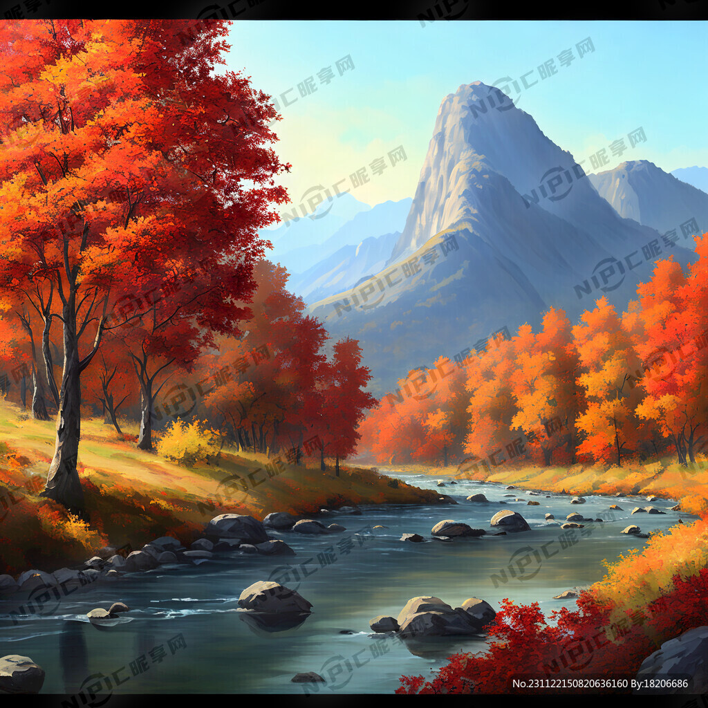 秋季枫树林山水远山河流风景画