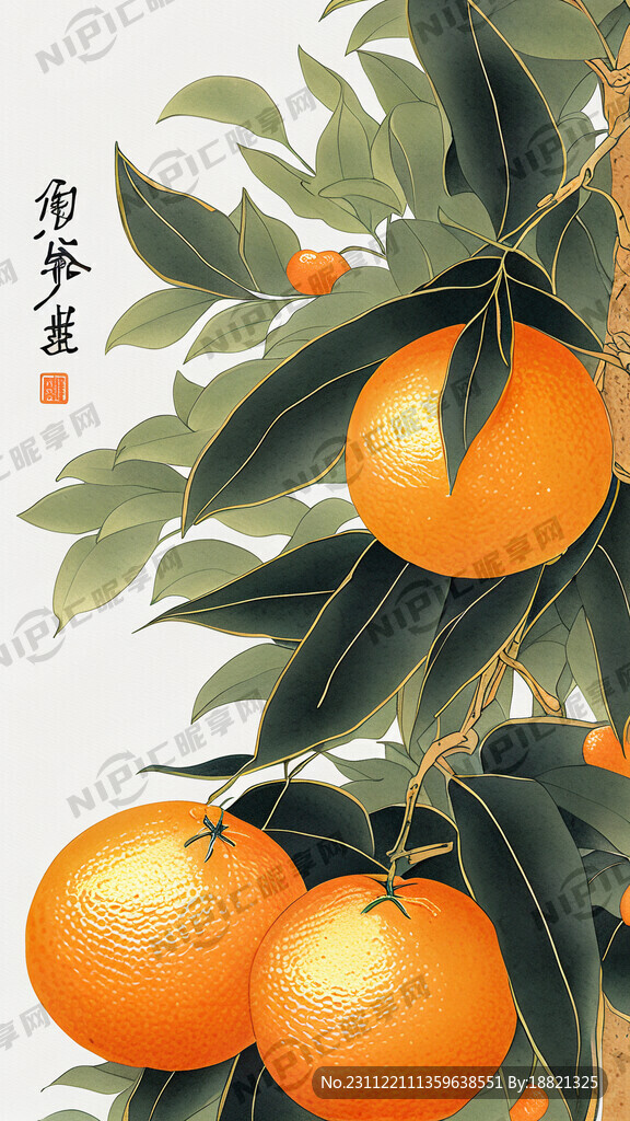 橙色橘子金线条插图 简洁 大方