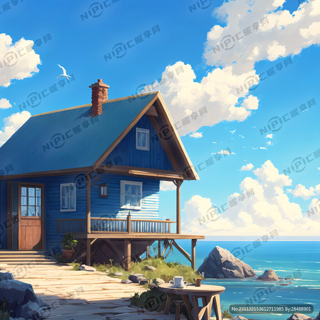 蓝天白云 大海 小屋 咖啡