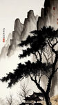 老树，村落，远山，河，马，水墨，中国画