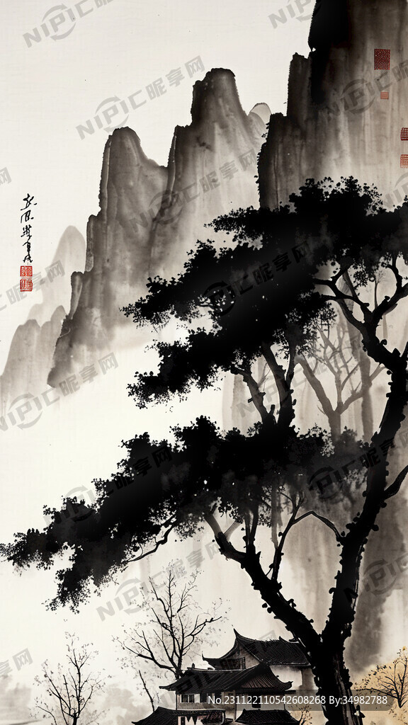 老树 村落 远山 河 马 水墨