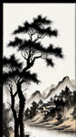 老树，村落，远山，河，马，水墨，中国画